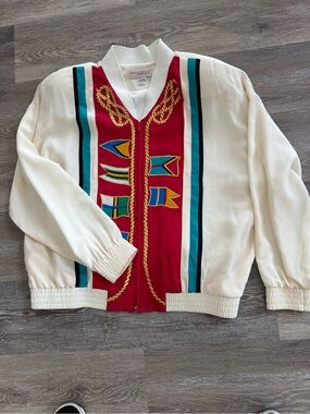 100% Silk Cream Bomber style Red Panel and Multicolor Nautical Flags size L